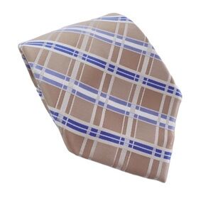 Joseph Abboud Mens 100% Silk Tie Necktie Tan Blue Plaid Preppy Quiet Luxury